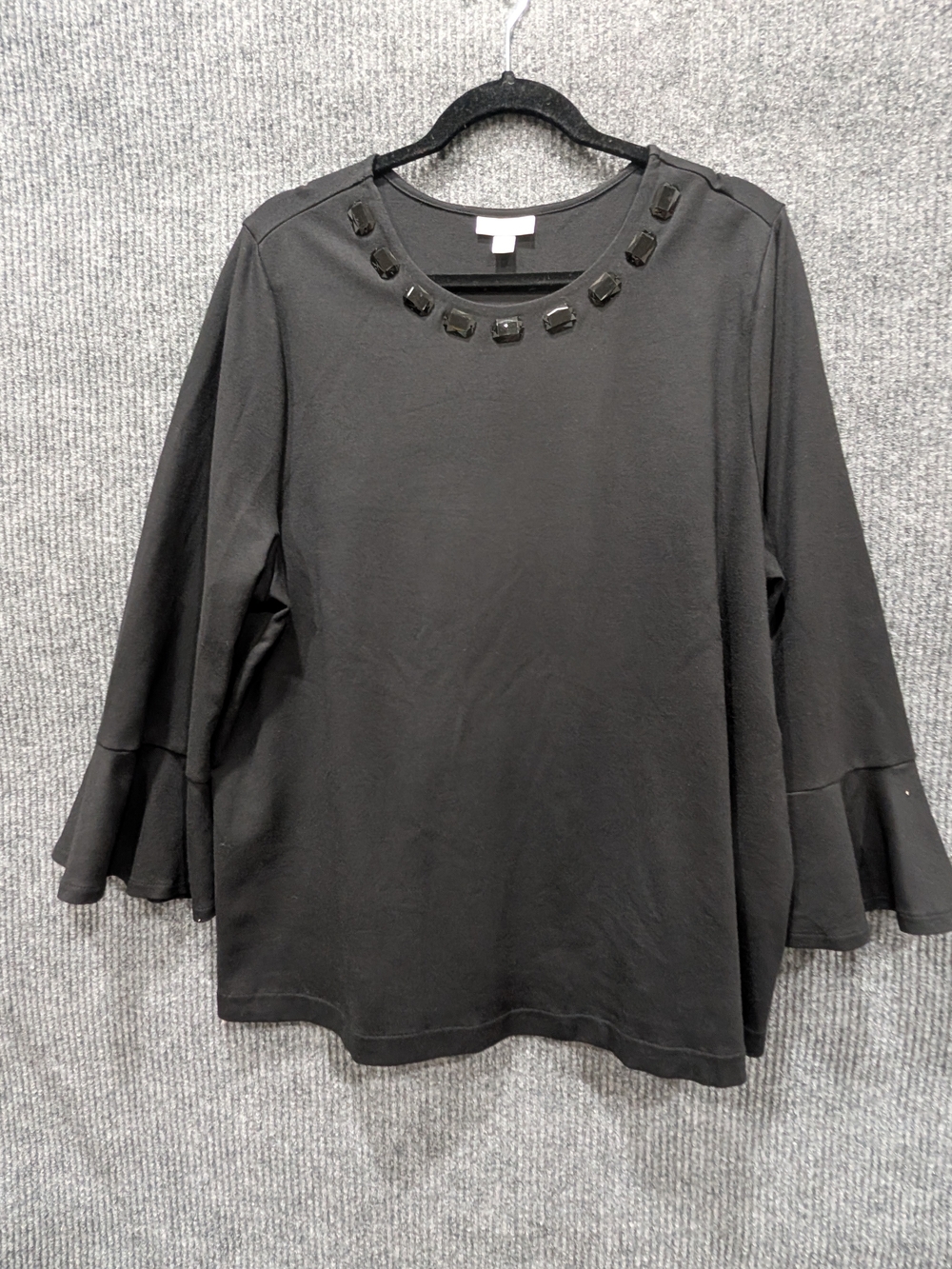 J.Jill Ponte Elegant Top Black Rhinestone Neck Ruffle Sleeves Size XL